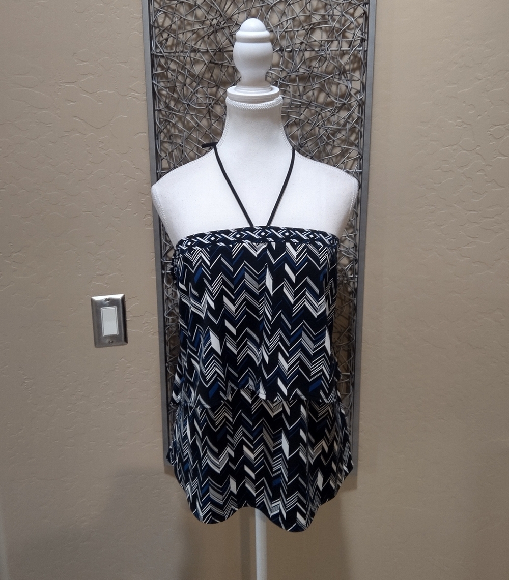 White House Black Market Navy, Black and White Chevron Flounce Halter Top